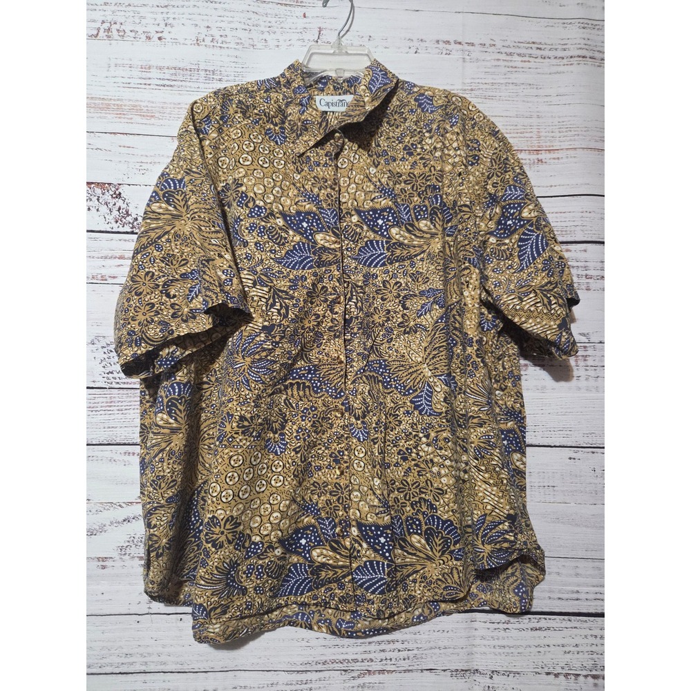Capistrano Womens Plus 24 Batik Print Cotton Button Down Shirt Tan Navy Nepal